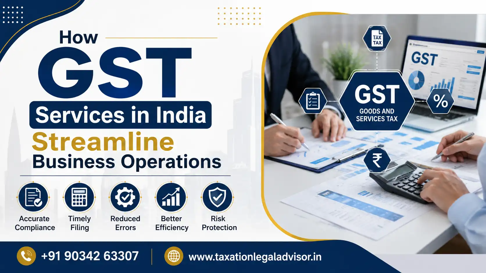 Accounts team reviewing GST services in India compliance records and input tax credit reconciliation